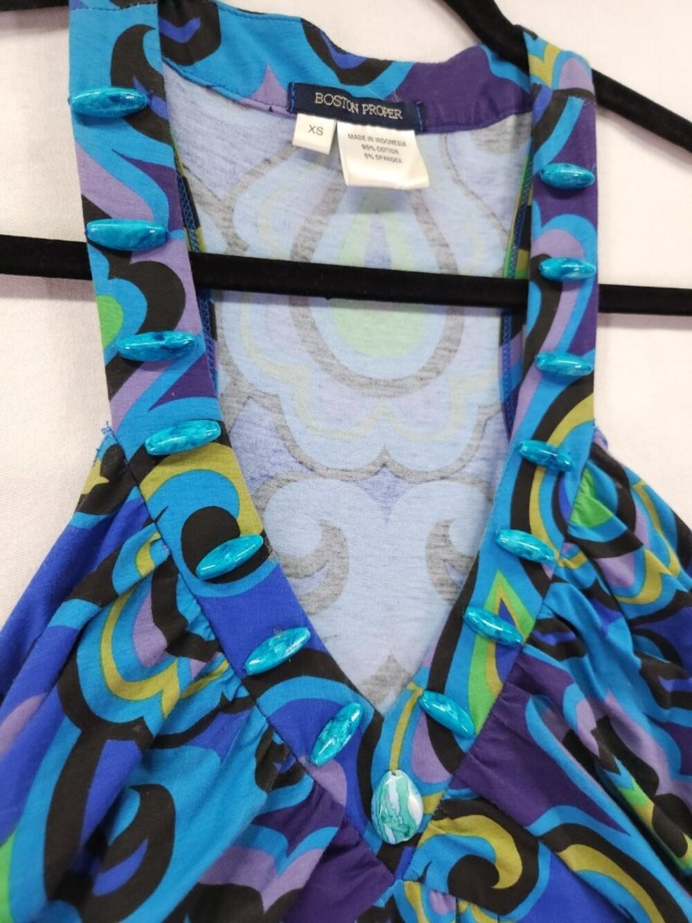 Boston Proper Size XS Blue Paisley Beaded V-Neck Empire Waist Boho Maxi Dress - Picture 12 of 14